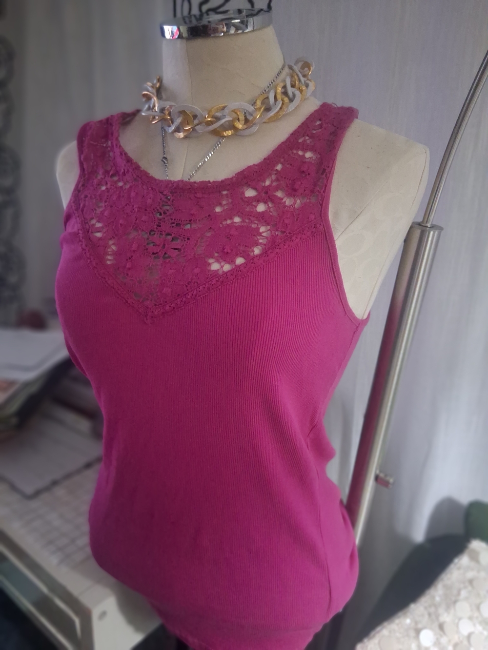 Lauren Ralph Lauren Crochet Yoke Ribbed Tank Top - Bright Fuchsia M